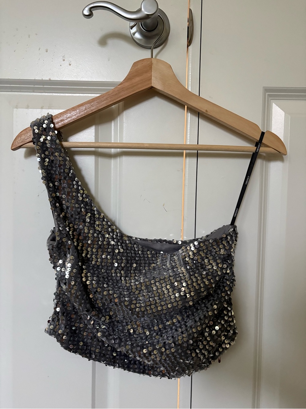 Sequin Asymmetrical One-Shoulder Crop Top - Silver/Gray